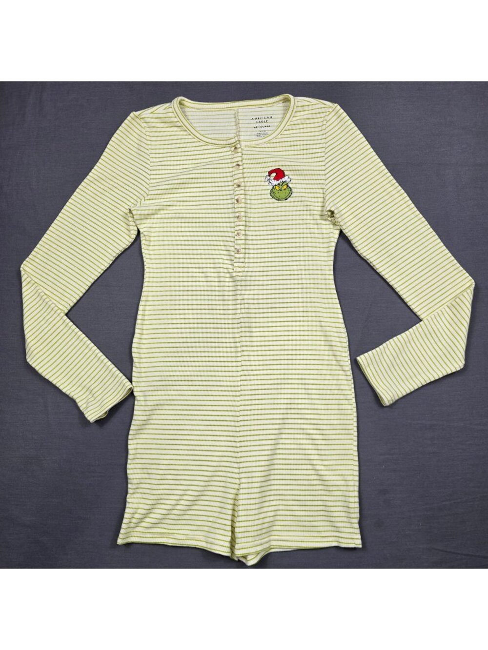 American Eagle Small Lounge Bodysuit Romper Green Striped Grinch Long Sleeve